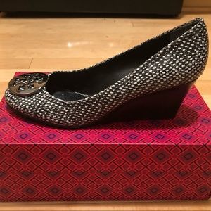 Black and pewter snake print Tory Burch wedges